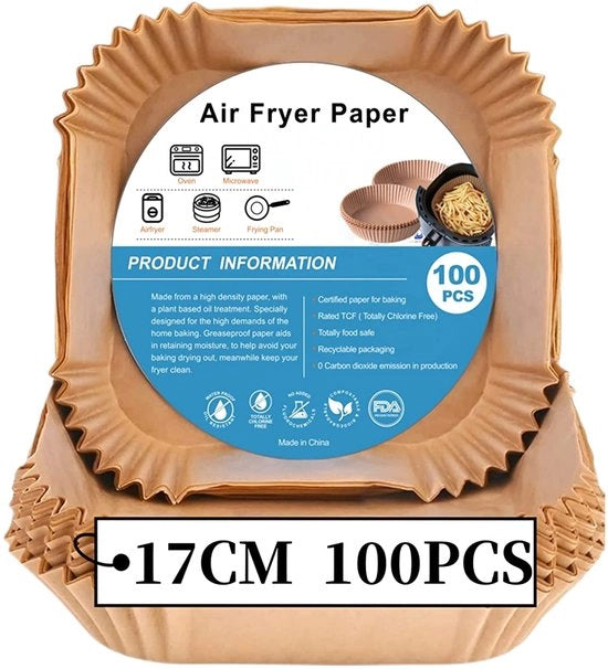 Papier per Airfryer, 100 pezzi di carta non-stick per carta da forno per frittura a vento, impianto di carta alimentare, carta non-stick per frittura, cottura e resistente all'olio (17cm)