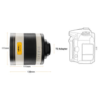 Obiettivo fotografico catadiottrico 800/8,0 DSLR compatibile con Nikon Z - 131mm - per lunghezza focale 800mm - sensore full-frame/APS-C - adattatore T2 - messa a fuoco ravvicinata 3,5m