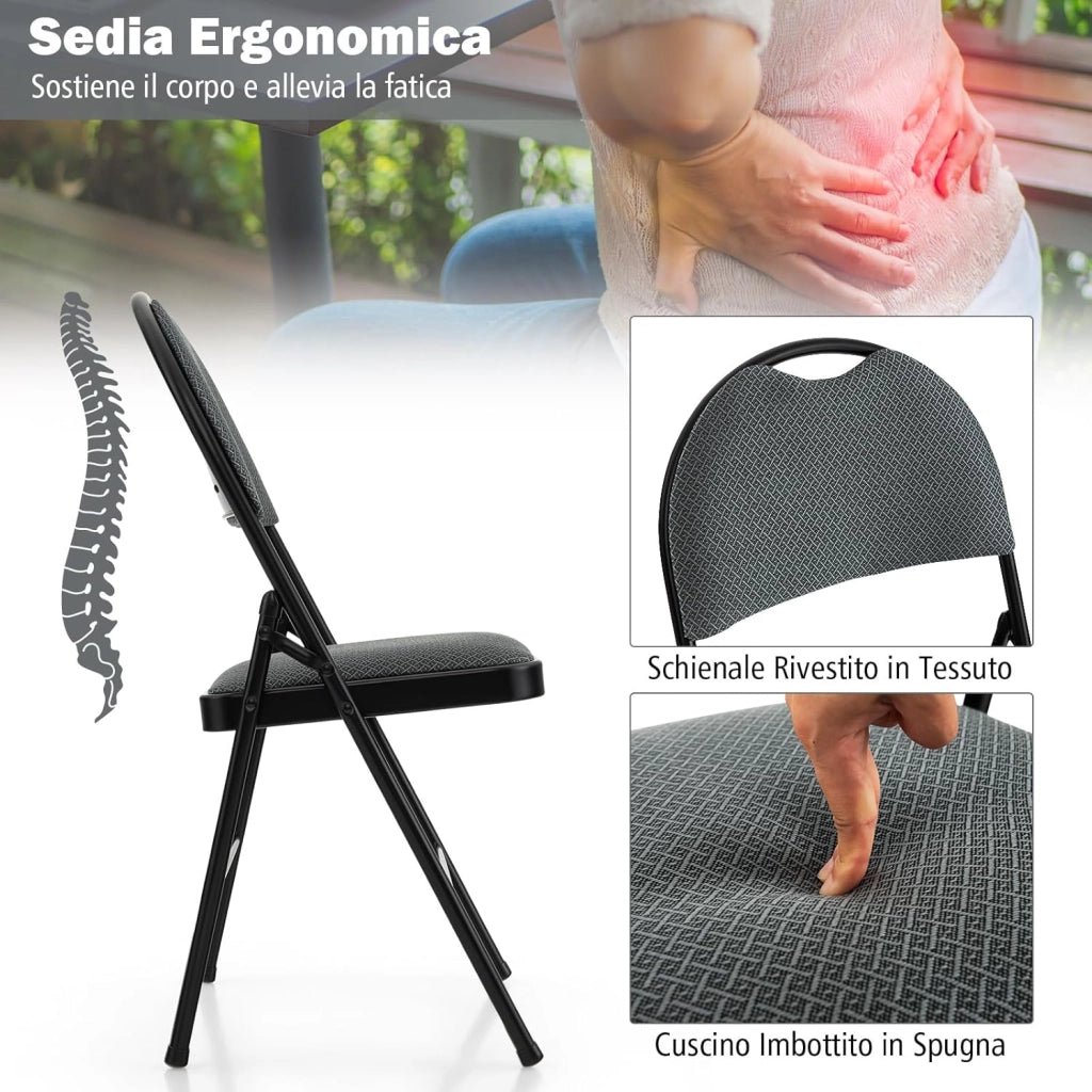 Set di 4 Sedie Pieghevoli, Sedie da Pranzo con Seduta Imbottita e Schienale Rivestito in Tessuto, con Gambe in Metallo, Sedia Portatile per Soggioro, Ufficio, Portata 120 kg (Grigio)