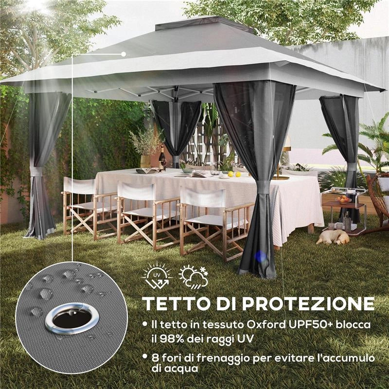 GAZEBO PIEGHEVOLE 3.6X3.6 M CON PARETI ALTEZZA REGOLABILE E PROTEZIONE UPF50+ BORSA CON RUOTE GRIGIO