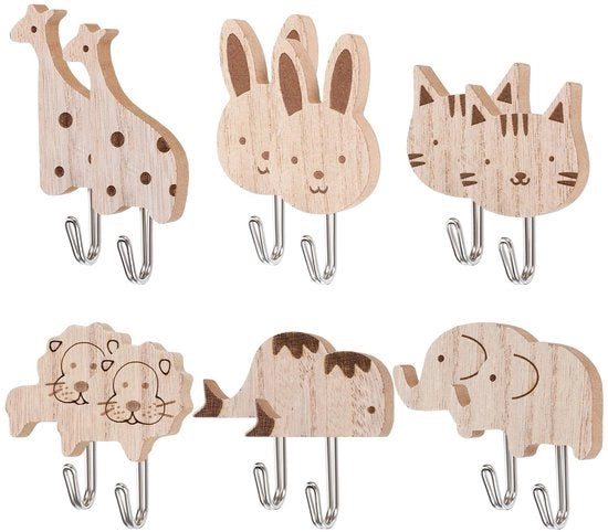 Hanger per animali in legno 12 pezzi - Hanger per muro - Adesivo - Motivo animale - Per bambini - Dimensioni elefante 6 × 5,5 cm
