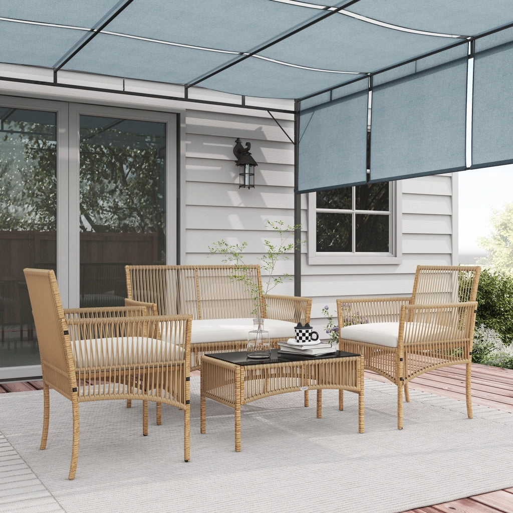 Set da Giardino in Rattan da 4 Pezzi con 2 Poltroncine, Divano e Tavolino da Caff¨¨, Naturale e Nero