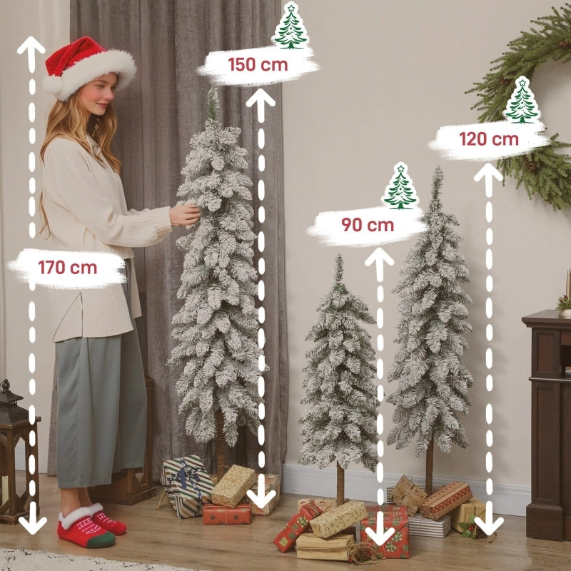 Set di 3 alberi di Natale artificiali innevati, 3 misure, con supporto in metallo, ignifughi, in plastica, verdi e bianchi.