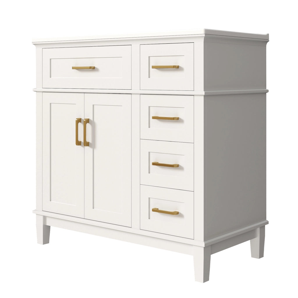 Mobile bagno freestanding bianco 90x46x87 cm con lavabo in ceramica, 4 cassetti, armadietto a doppia anta e finiture oro