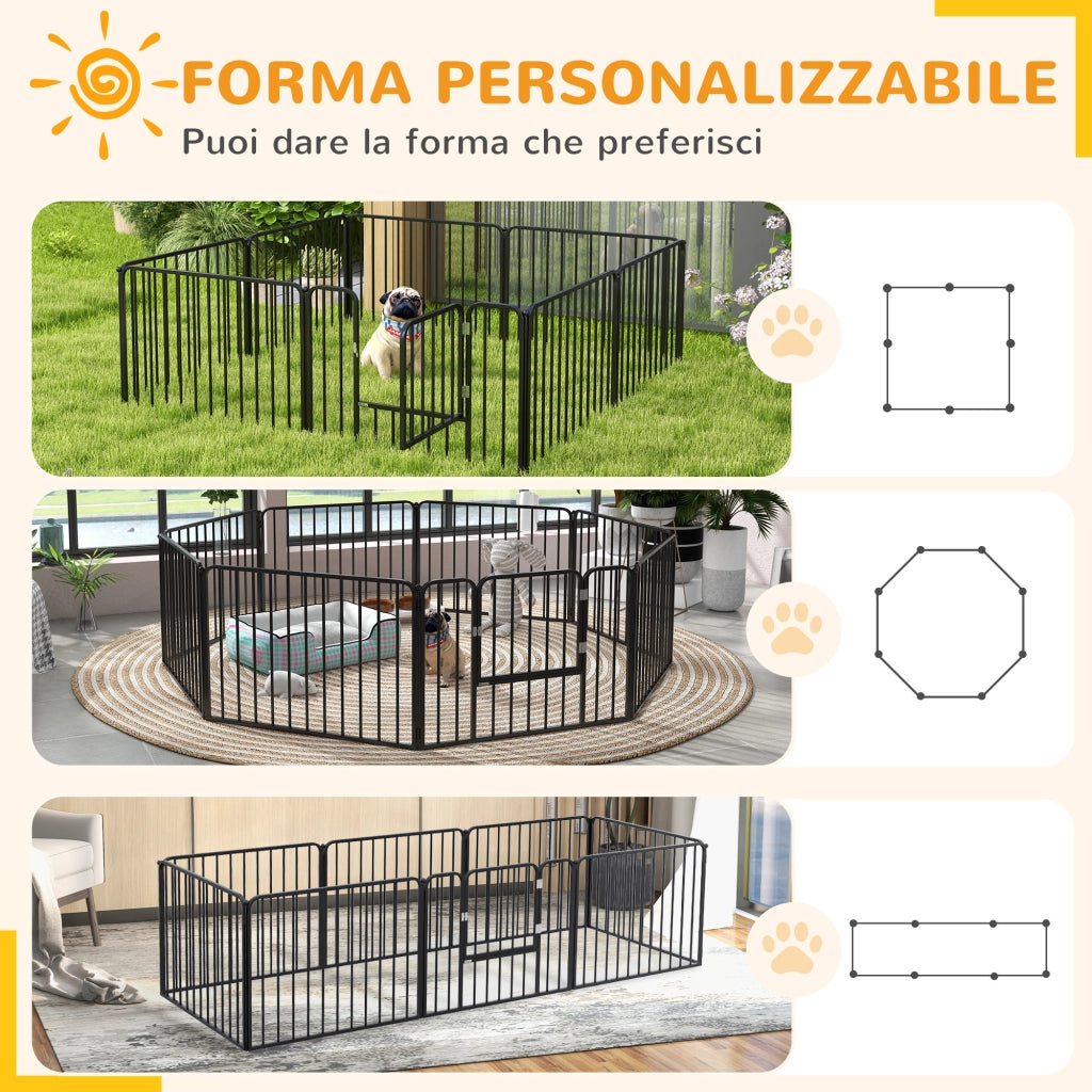 Recinto per Cani a 8 Pannelli Modulabili 164x164x60 cm da Interno ed Esterno in Acciaio Nero