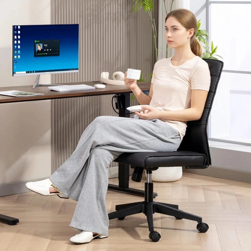 SEDIA DA UFFICIO ERGONOMICA E REGOLABILE CON SCHIENALE RICURVO, IN PELLE PU E ACCIAIO, 58X53X97-107 CM, NERO