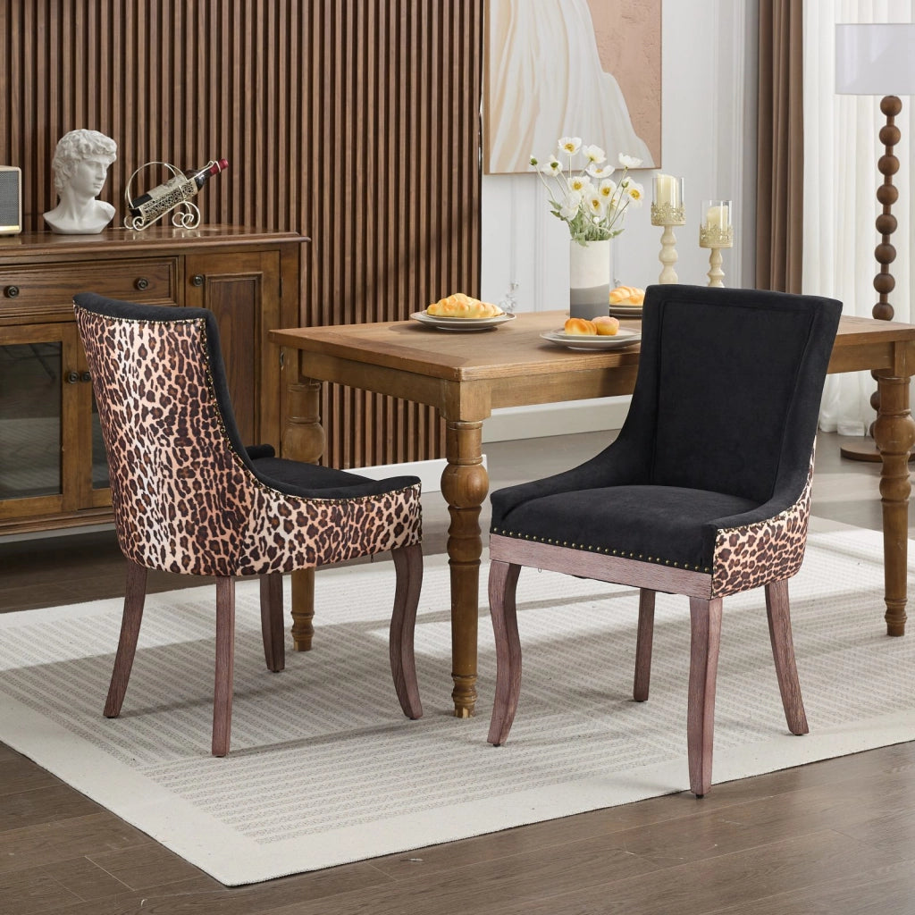 Set 2 Sedie da Pranzo Imbottite in Tessuto con Gambe in Legno Naturale ¨C MINIMAL ¨C Leopardato, Borchie Bronzo