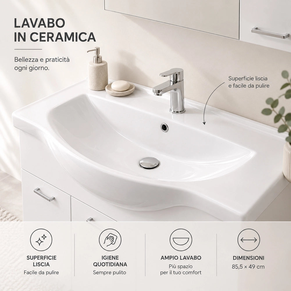 Set Completo Mobile da Bagno da Terra 85 cm Tre Ante Bianco Specchio e Accessori