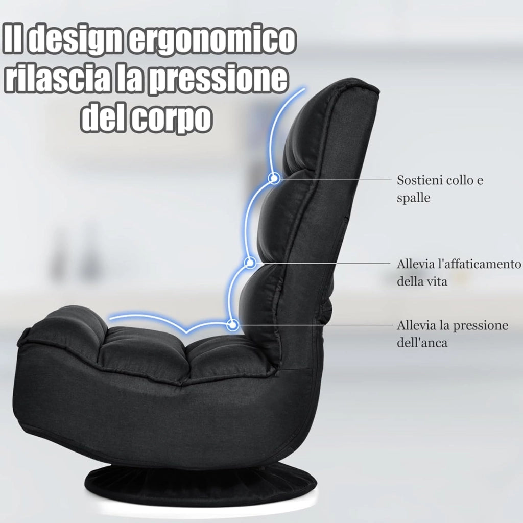 Poltrona Relax da Terra Pieghevole Reclinabile Girevole, Poltrone da Divano per Studio Salotto, con Schienale, Ottima per Rilassarti (Nero)