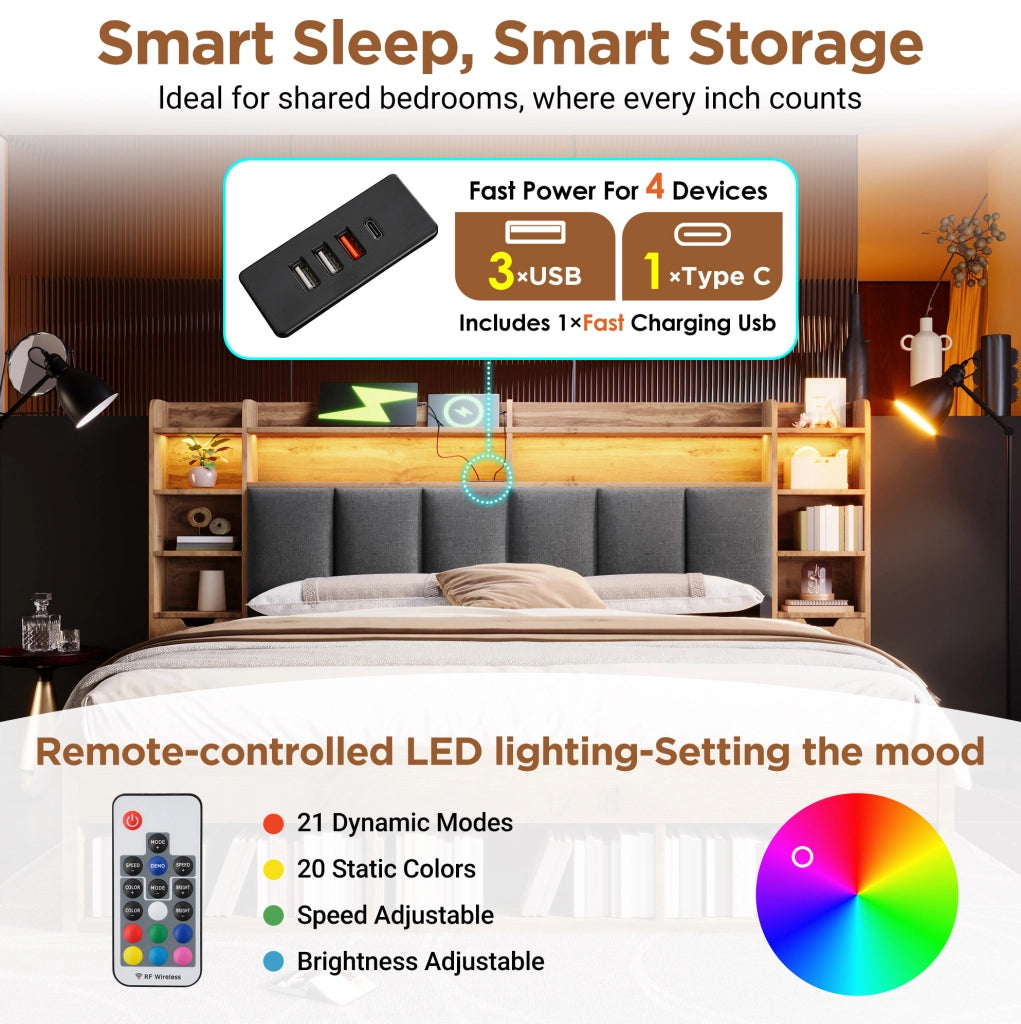 Letto matrimoniale 180x200 cm in finitura rovere con LED; prese USB e contenitore
