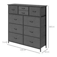 Cassettiera 10 Cassetti Moderna in Tessuto non Tessuto, Acciaio e MDF, 100x30x100 cm, Nera