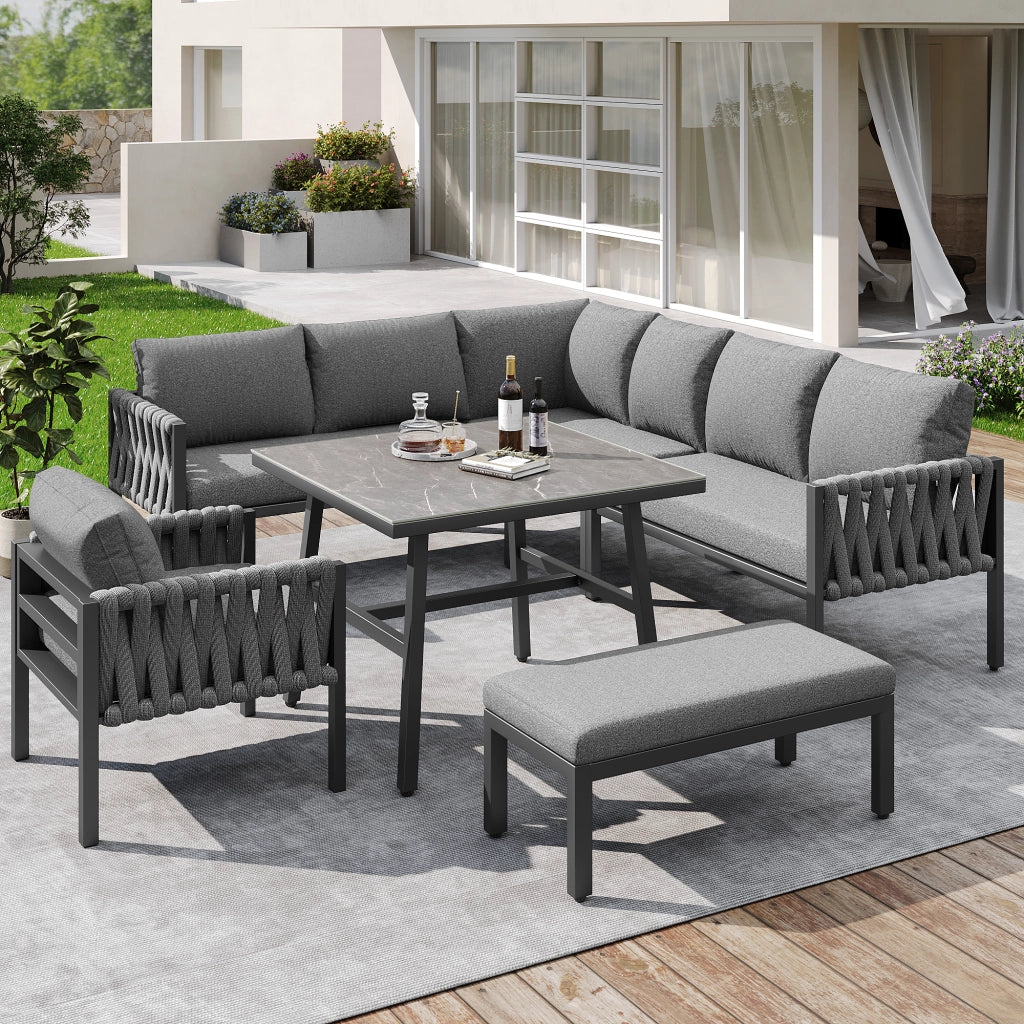 OKWISH Set da 5 mobili da giardino con divano angolare, poltrona, panca e tavolo, Metallo e Poliestere Grigio