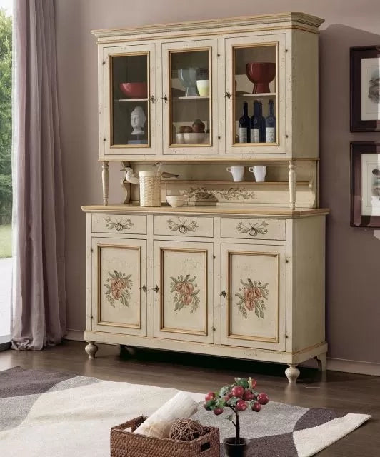Cristalliera provenzale in legno shabby avorio ocra 3 porte 160x50x221 (1460+1461) - Mobili 2G