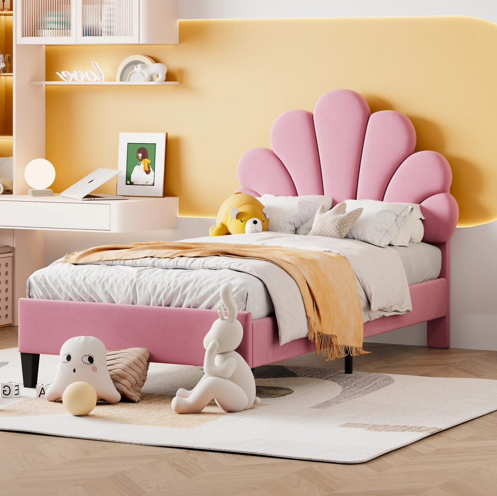 Letto imbottito 90x200 cm; testiera a fiore; velluto rosa (Senza materasso)