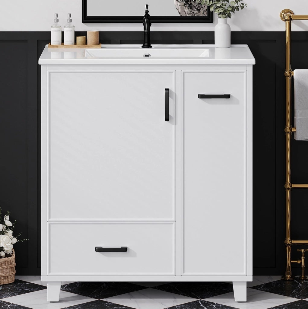 Mobile lavabo a pavimento bianco con lavabo in ceramica, 2 cassetti e vano portaoggetti capiente
