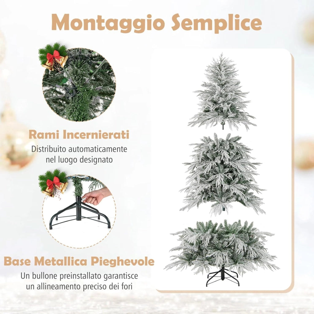 Albero di Natale Artificiale Innevato 180 cm, Albero di Natale Pre-illuminata con 250 Luci LED Bianco Caldo, 594 Punte di Ramo e Supporto in Metallo
