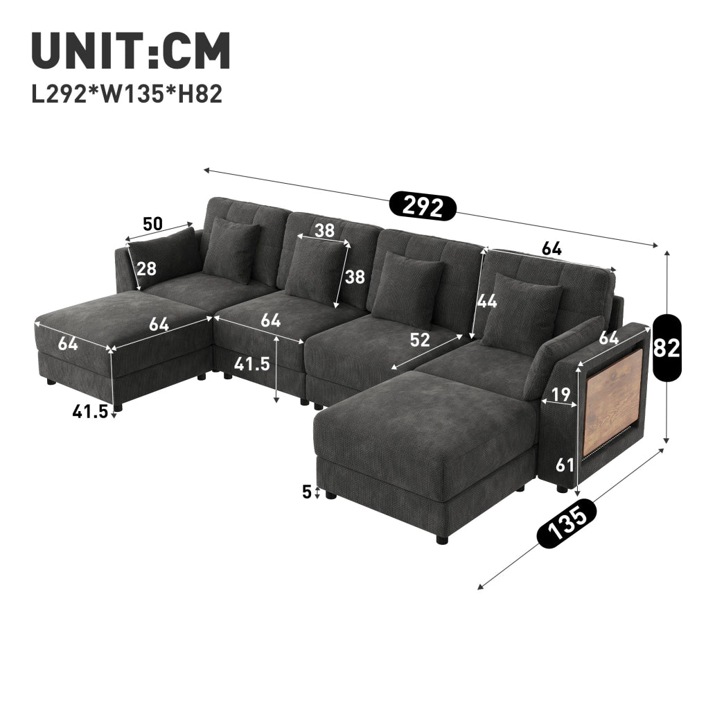 Sofa modulare U/L con LED; 2 pouf mobili e 6 cuscini; rivestimento in ciniglia grigio