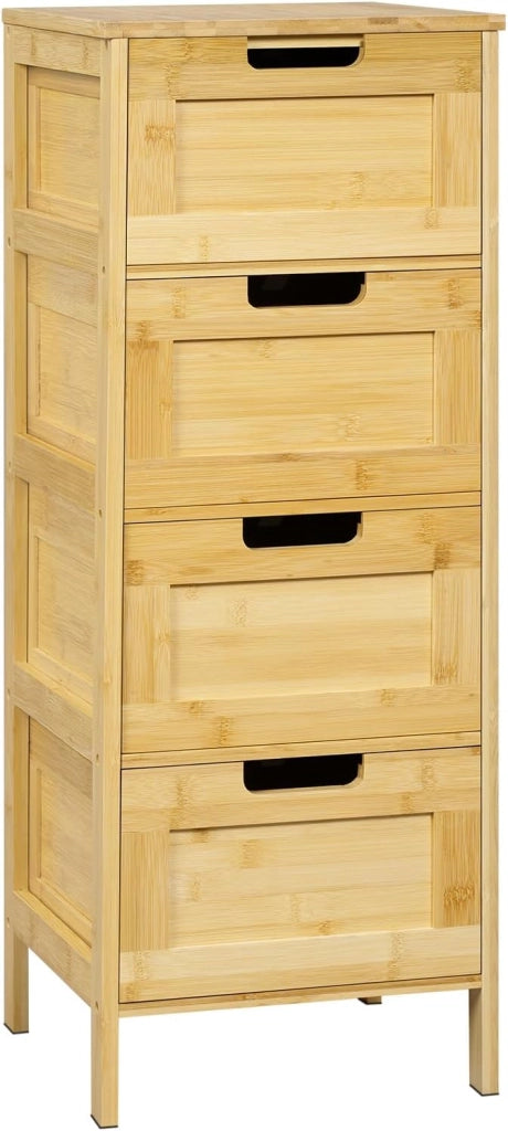 Mobile da Bagno Freestanding in Bambù con 4 Cassetti, Mobiletto per Soggiorno, Studio, Camera da Letto, 30x30x80cm, Colore Naturale del Bambù