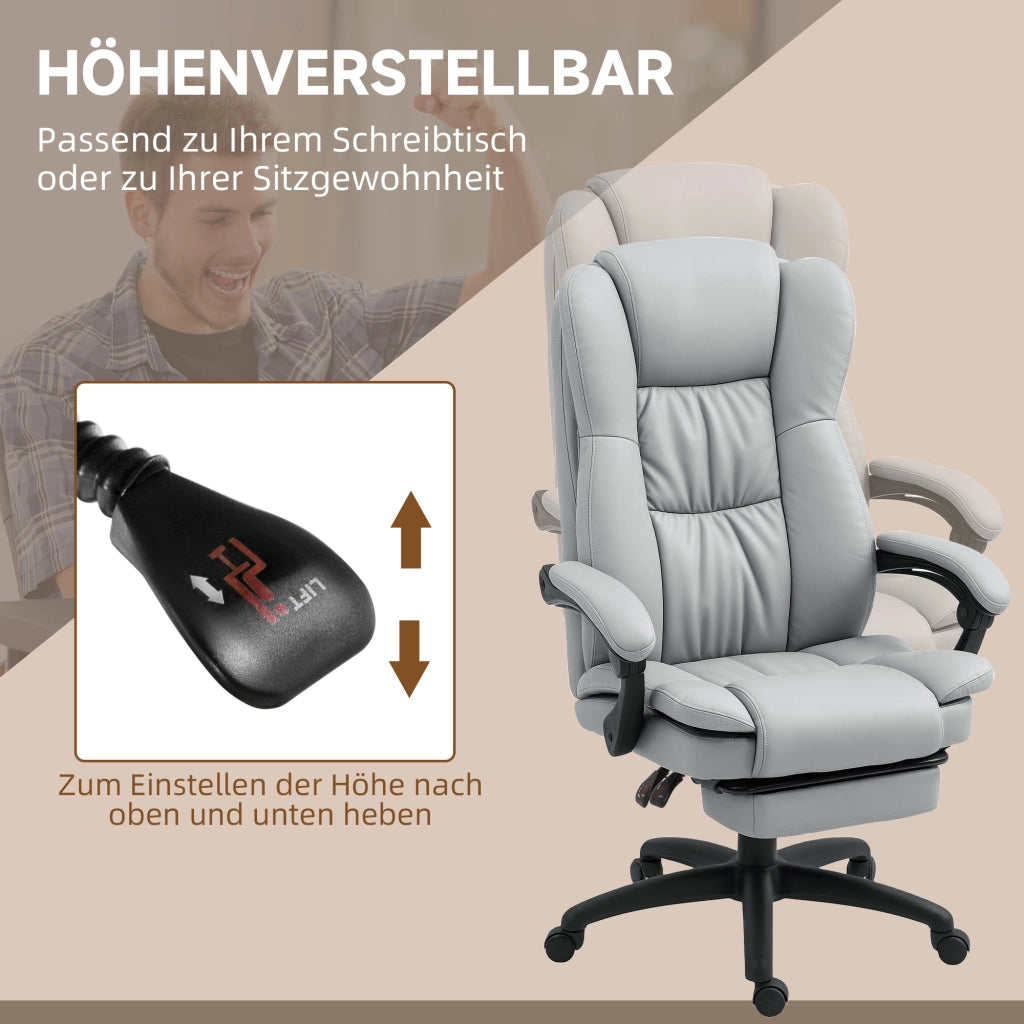Poltrona da ufficio ergonomica con massaggio, schienale reclinabile e poggiapiedi in similpelle grigio chiaro