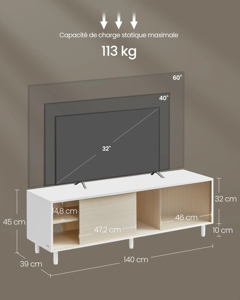 Mobile porta TV per TV fino a 60 pollici moderno mobile in vetro scanalato per soggiorno 140 x 39 x 45 cm beige 12_0006566