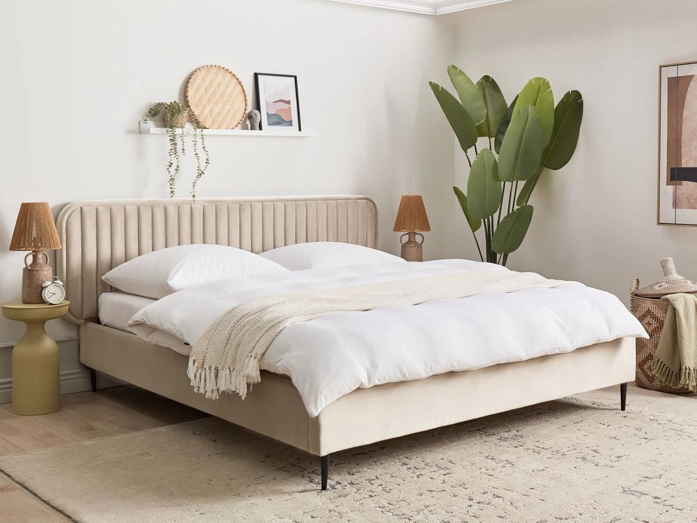 Letto matrimoniale UE tortora Rivestimento in velluto 180 x 200 cm Telaio Poggiatesta Gambe in metallo Design moderno Camera da letto