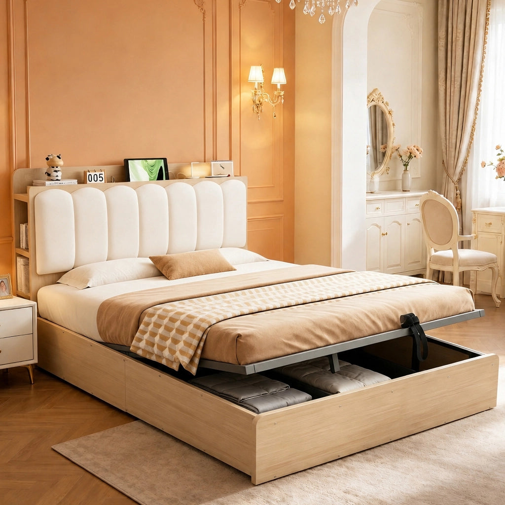 Letto contenitore 140 × 200 cm et 180 × 200 cm con testiera imbottita, USB, luce notturna, senza materasso, naturale