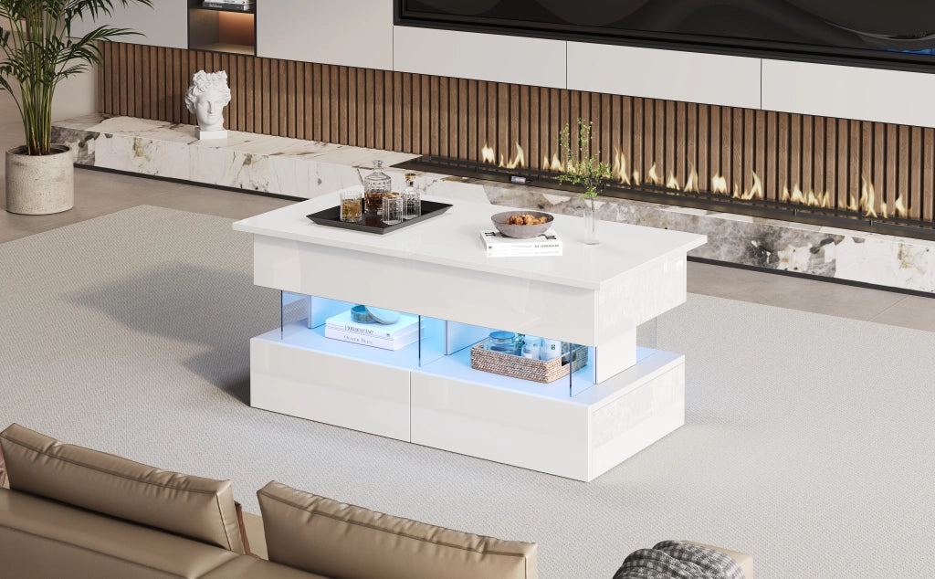 TAVOLINO 100 x 50 x 46 cm bianco in MDF con piano sollevabile, 2 cassetti e LED