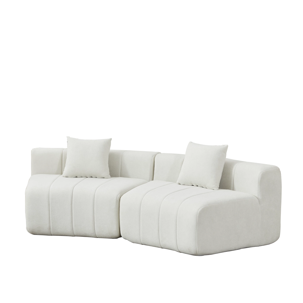 Divano modulare curvo in chenille beige con 2 cuscini, design ispirato ai tasti del pianoforte
