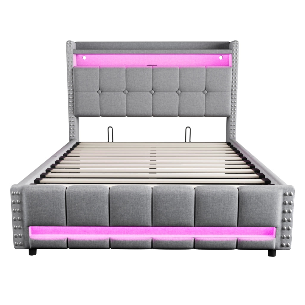Letto contenitore matrimoniale 140×200 cm con LED; USB e testiera con ripiani; materasso senza; grigio chiaro