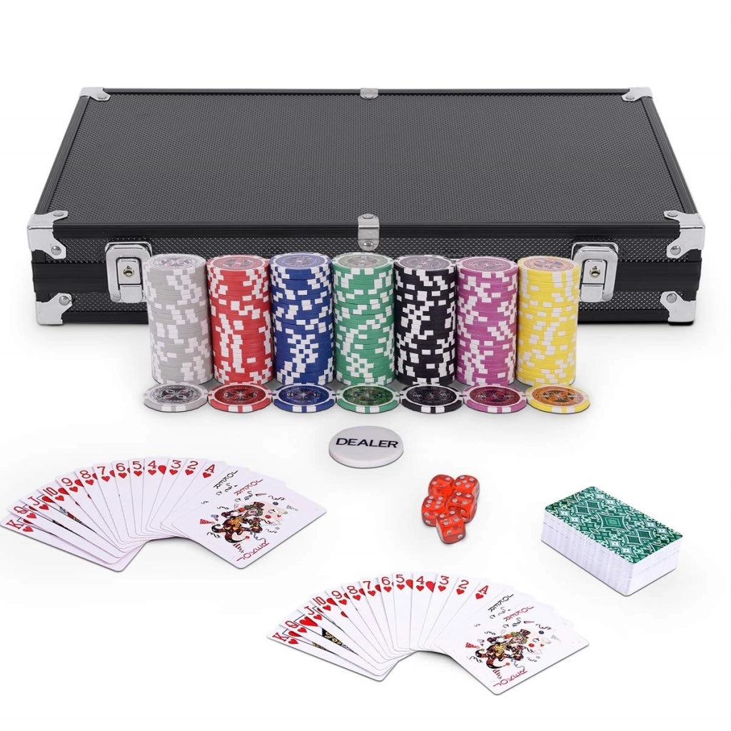 Set poker chips casino con dadi da gioco 300 pz e custodia in alluminio, Set fiches dadi e carte da poker Nero-Fiche e set da poker