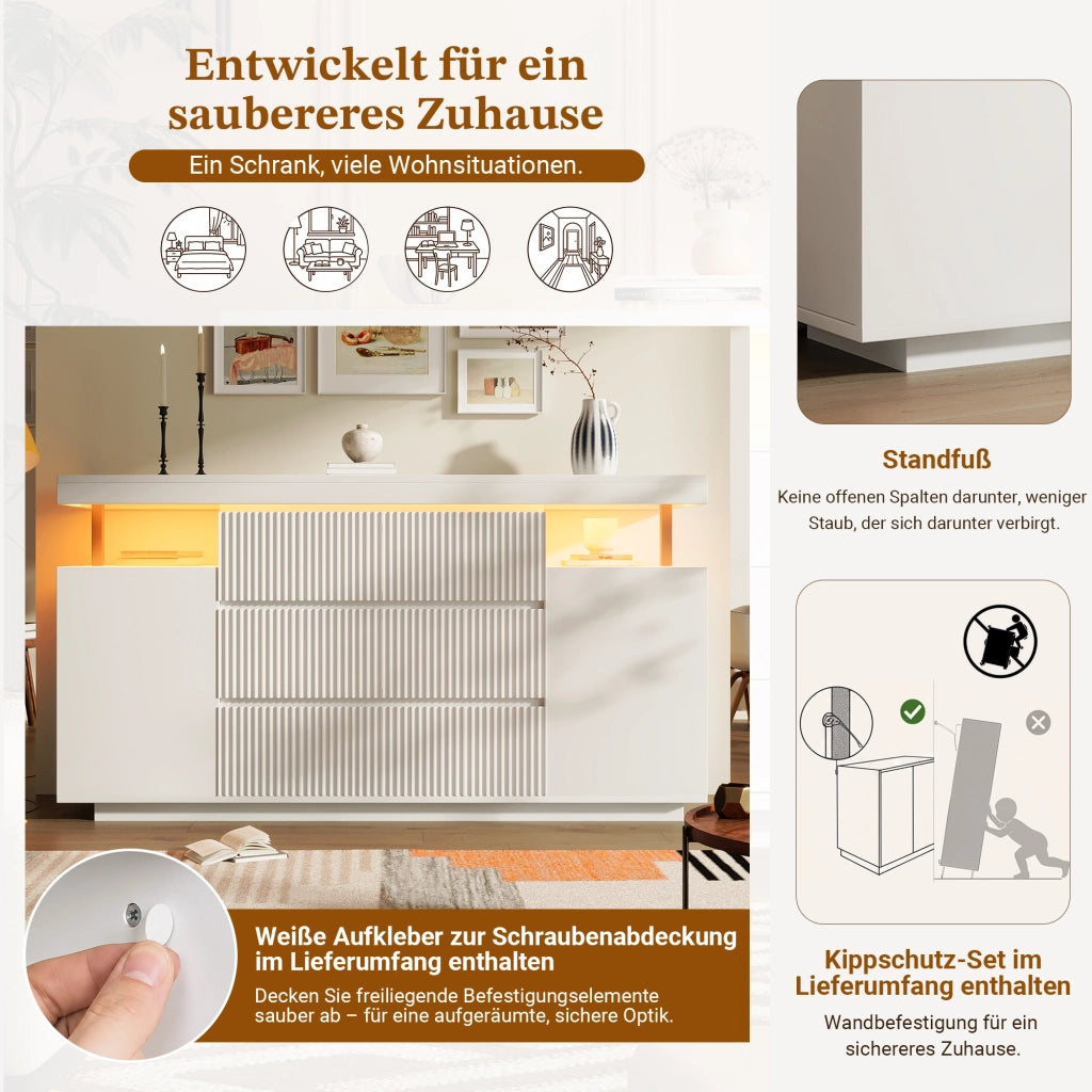 CREDENZA LED 150x40x78 cm Bianca in MDF e Metallo, 6 Cassetti e 2 Ante