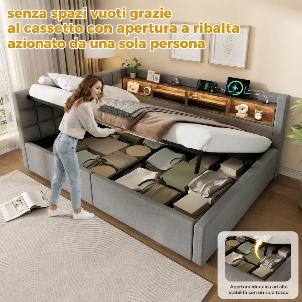 Letto contenitore 140x200 cm con LED dimmerabile; mensole e USB; lino e MDF; beige