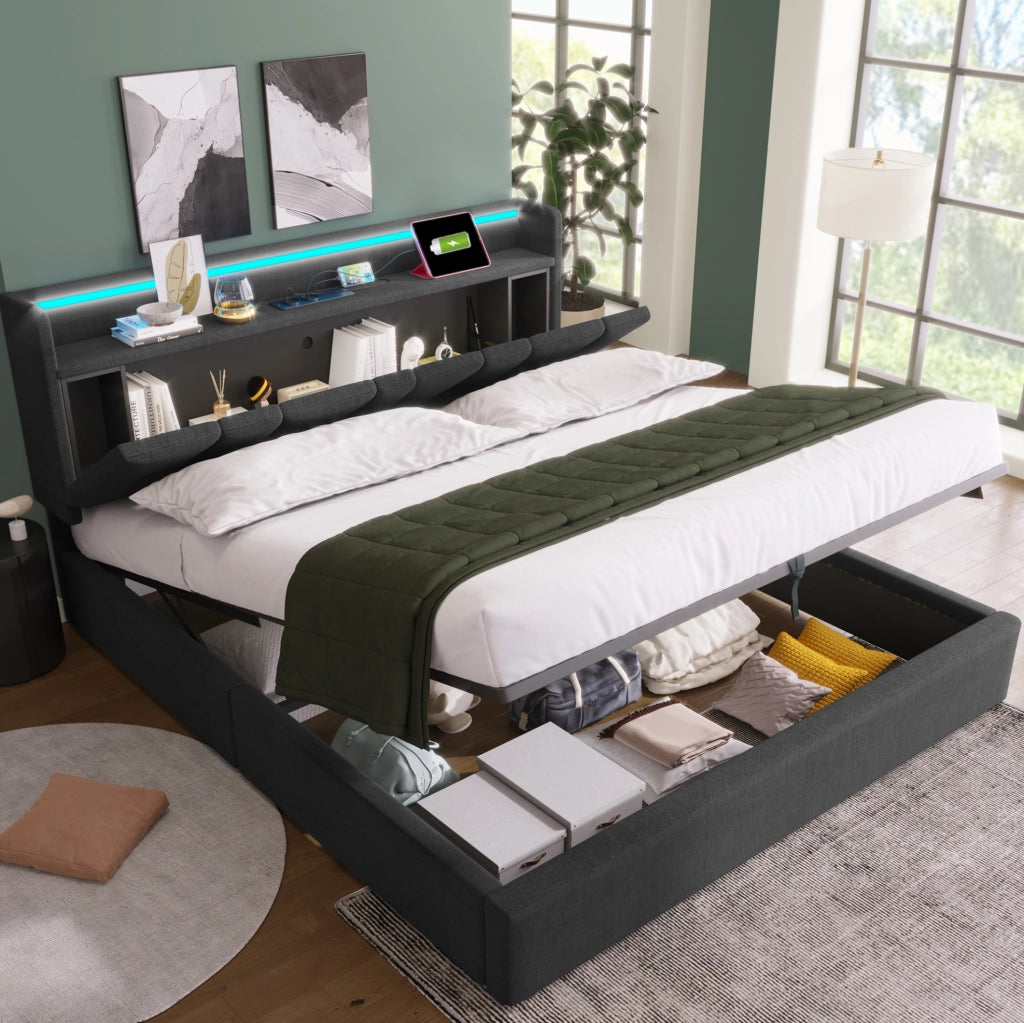 Letto matrimoniale imbottito 140x190 cm con contenitore; LED e prese USB; grigio