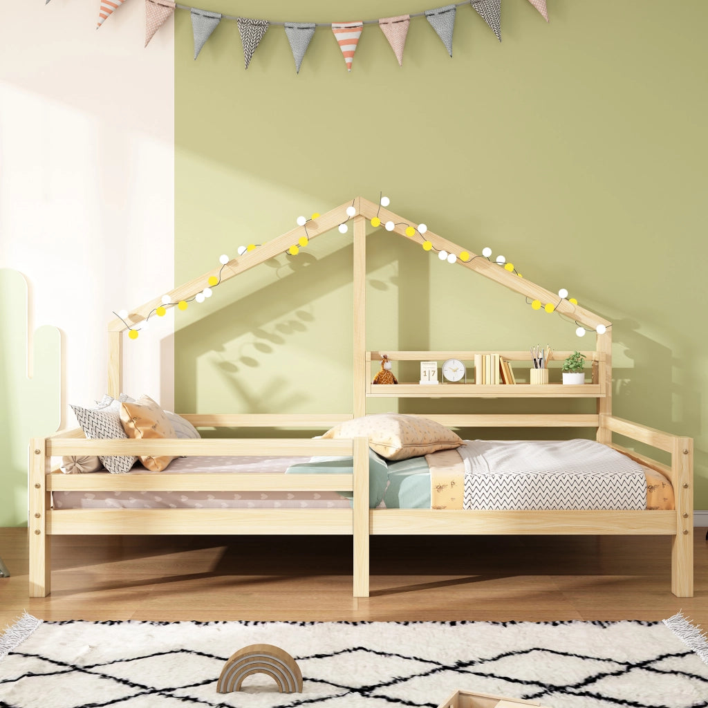 Letto per bambini 90 × 200 cm con libreria, barriera di sicurezza, senza materasso, in pino, naturale