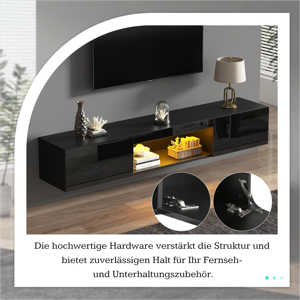 Mobile TV sospeso con 2 ante; vani aperti e LED - per soggiorno - 160x31x22 cm - nero