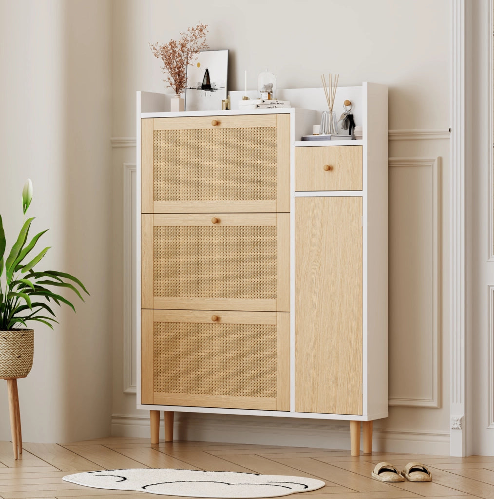 Mobile portascarpe in stile rattan con 3 ante a ribalta e 1 cassetto; 90x125x17 cm; MDF naturale e bianco