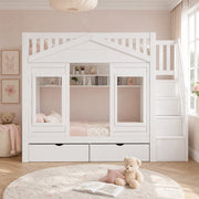 Letto a casetta rialzato per bambini 90x200 cm con scala contenitore; bianco