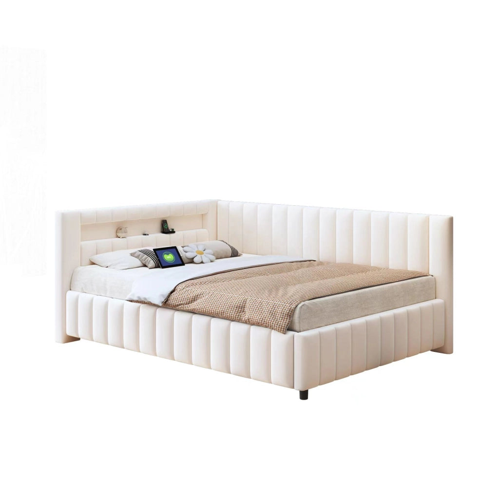 Divano letto 140x200 cm; LED e USB; velluto beige (Senza materasso)
