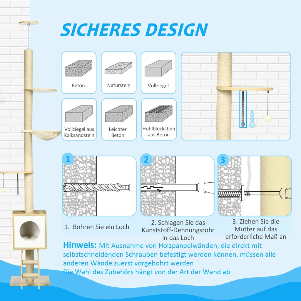 Albero tiragraffi per gatti con due piattaforme e amaca ¨C zephmum ¨C marrone chiaro+beige 40x40x260 cm