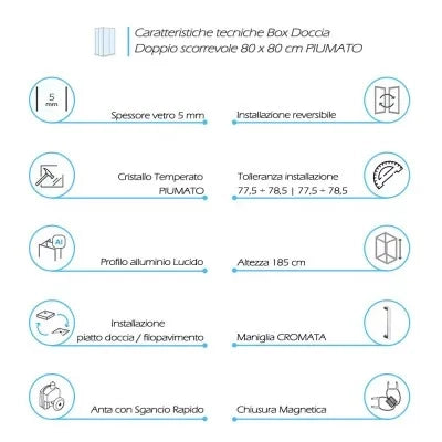Box doccia 80x80 angolare doppio scorrevole con vetro temperato opaco e profili cromo Geo