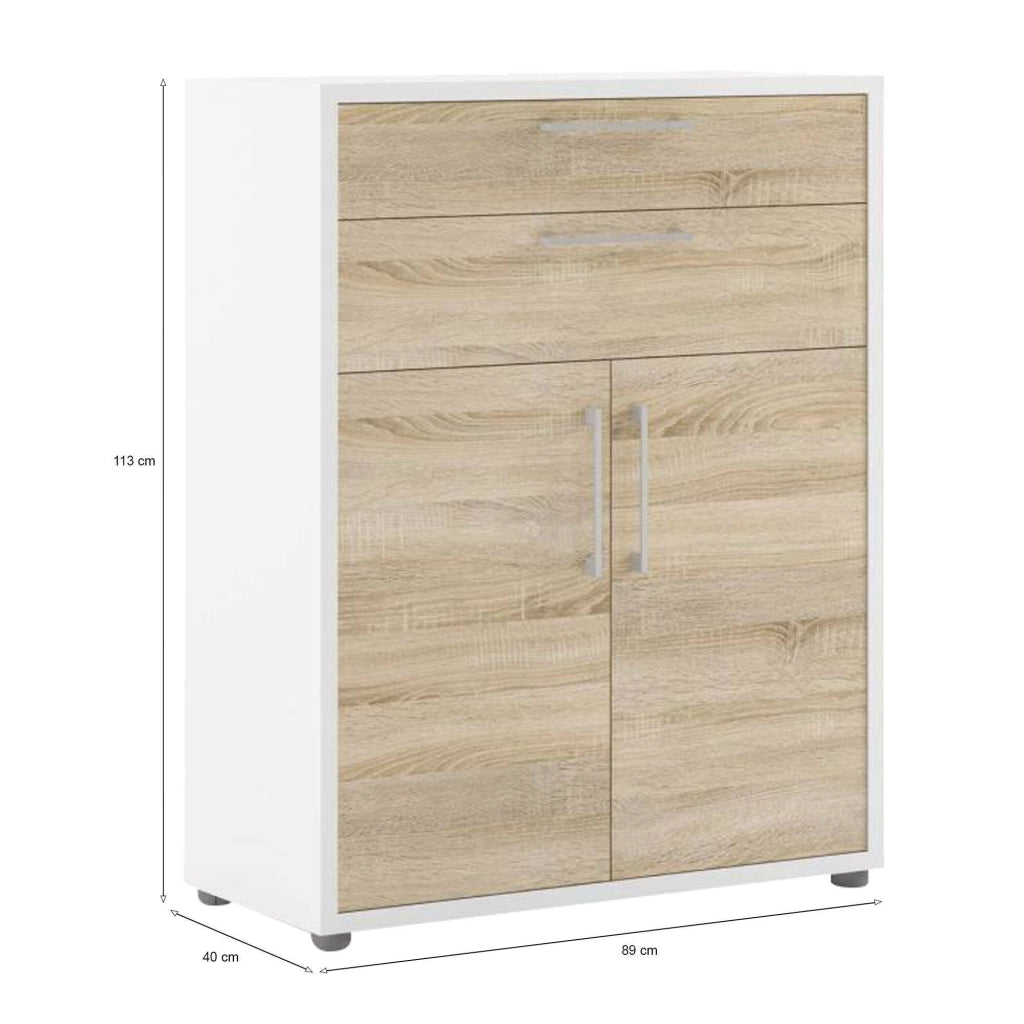 Credenza Agra, Buffet da soggiorno, Madia da salotto, Dispensa da cucina, 89x40 h113 cm, Bianco e Quercia