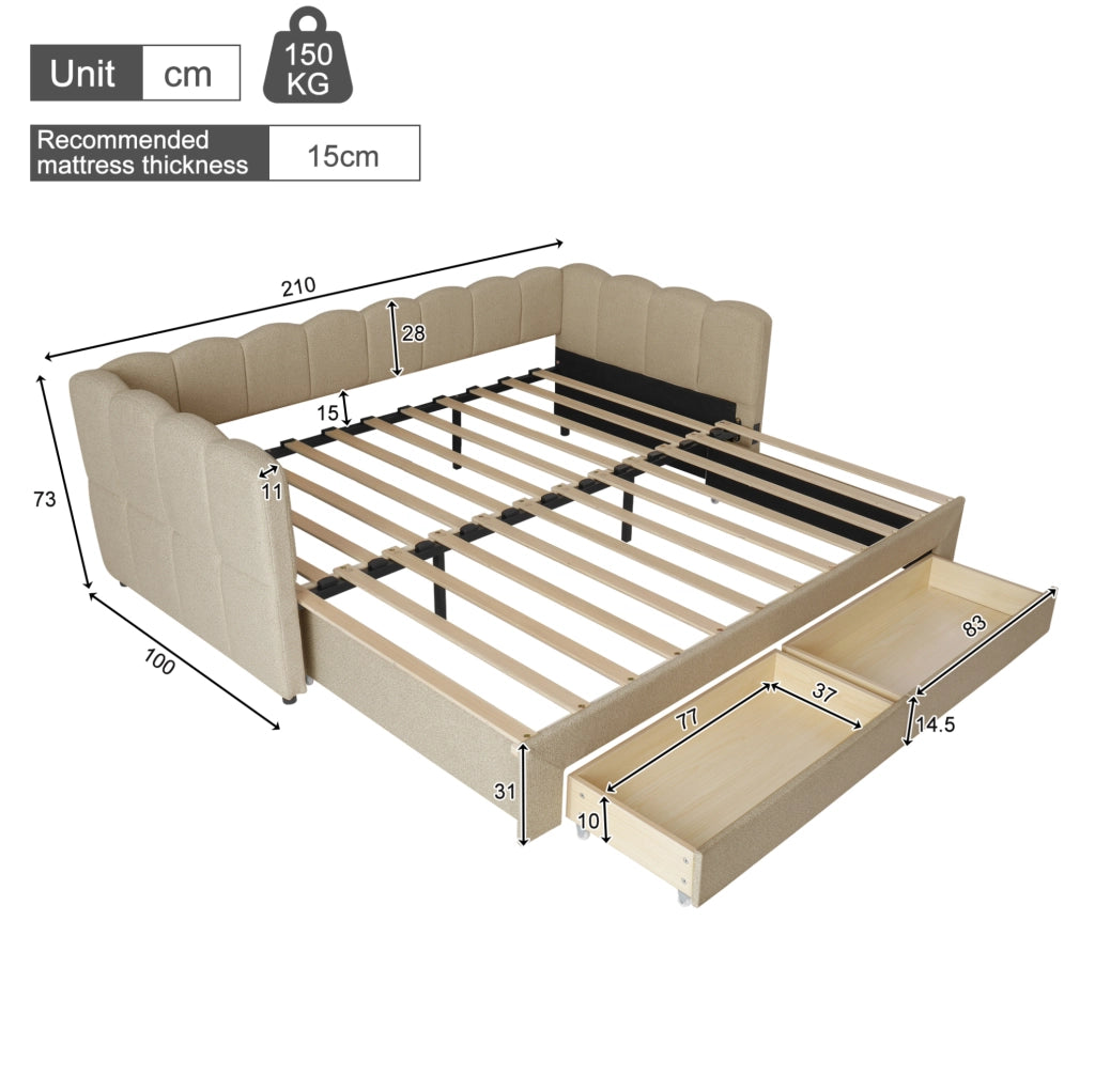 Letto da giorno estraibile con 2 cassetti; USB e Type-C; 180x190 cm; in chenille beige
