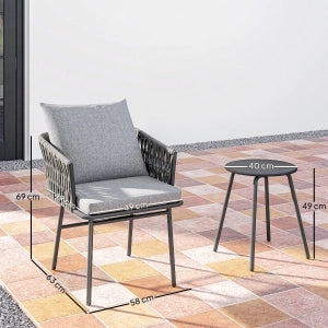 Set Bistrot da Giardino 3 Pezzi in Rattan ¨C MINIMAL ¨C Grigio, Acciaio, Cuscini Rimovibili