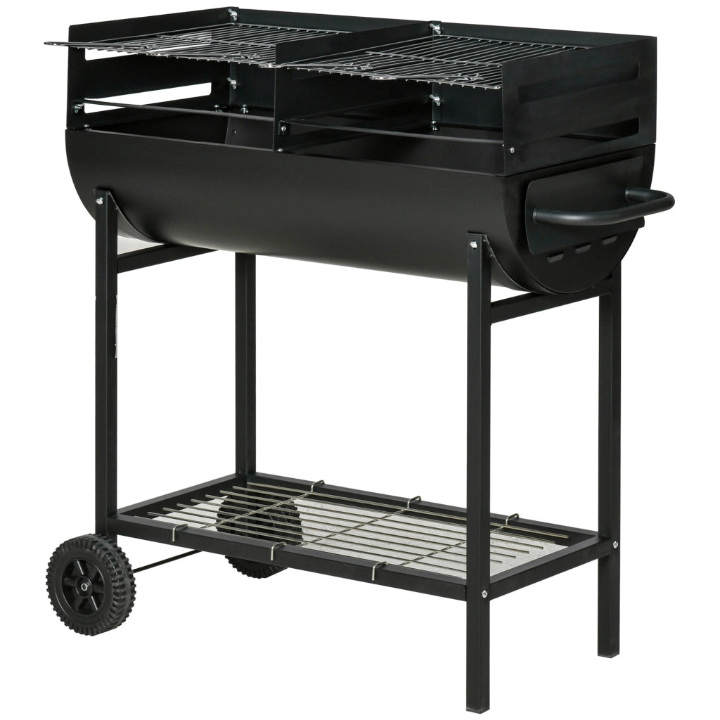 Barbecue in Acciaio con 2 Griglie Indipendenti, 2 Ruote e Ripiano Inferiore | Nero | 90cm x 45cm x 96cm