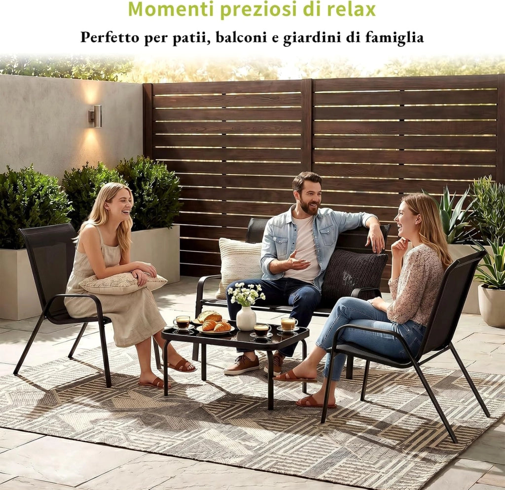 Set Salotto da Giardino 4 Pezzi, Set Mobili da Esterno con Divano 2 Posti, 2 Poltrone, 1 Tavolino in vetro, Textilene Traspirante, Set da Conversazioni per Piccolo Balcone, Terrazzo (Nero)