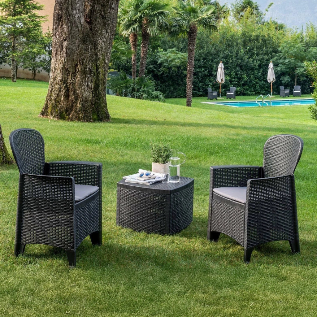 Set salotto da esterno Dakain, Set da giardino con cuscini composto da 2 poltrone, 1 divano e 1 tavolino, Salottino indoor effetto rattan, 100% Made in Italy, Cm 60x58h89, Antracite