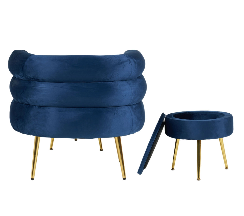 Poltrona Camera da Letto e Salotto in Velluto con Poggiapiedi Contenitore - Poltroncina Relax Moderna con Gambe in Metallo Placcato Oro - Design Moderno, Seduta Morbida con Cuscino - Sedia in Velluto - Blu
