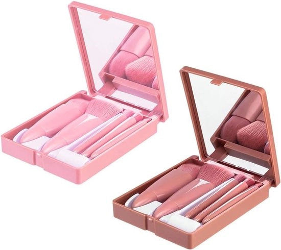 Set di 10 Pennelli per Trucco Portatili con Cassa Specchio per Fondotinta Professionale - Marrone e Rosa - Adatto per Viaggi, Utilizzo quotidiano e Teatro di Trucco