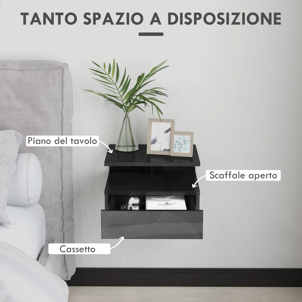 Comodino Sospeso Moderno ¨C Xylo ¨C Nero Lucido con Cassetto e Mensola 35x32x22.5cm