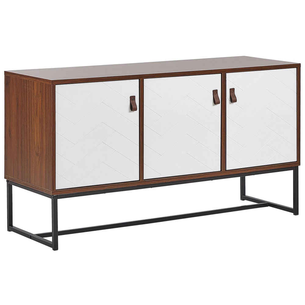 Credenza in Legno Scuro con Gambe in Metallo Bianco Mobiletto Rettangolare Mobile TV 3 Scomparti Ante 62 x 112 cm Mobili Soggiorno